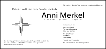 Traueranzeige von Anni Merkel von Pegnitz-Zeitung